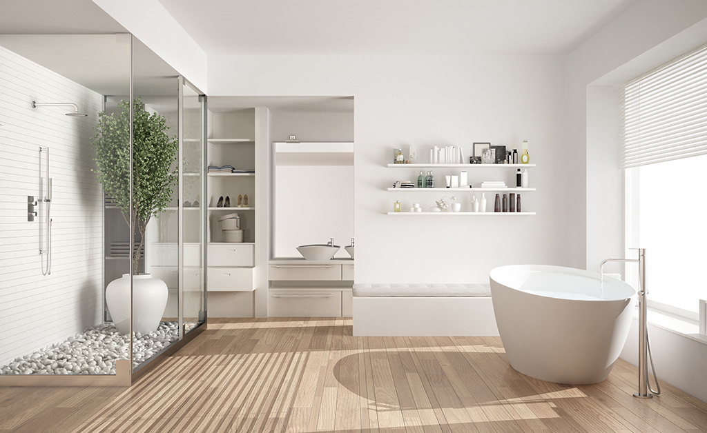 Minimalist white scandinavian bathroom with walk-in closet, classic scandinavian interior design